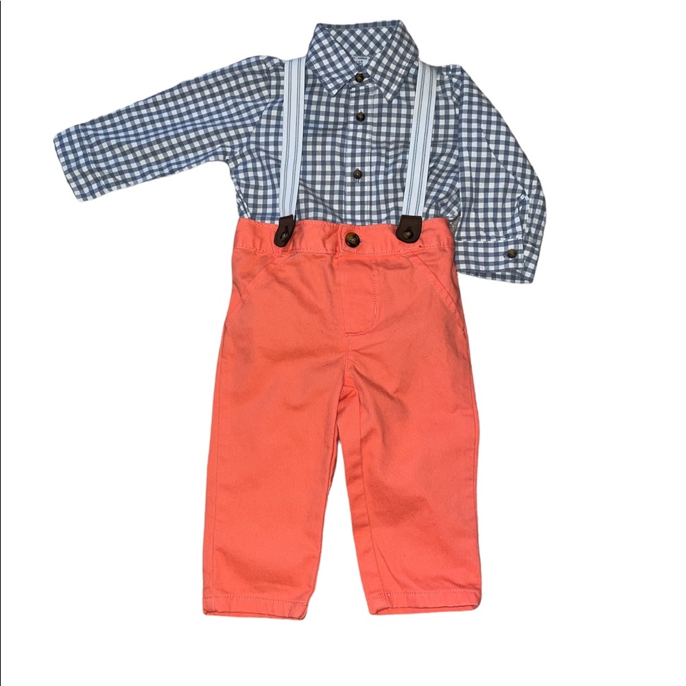 🟣2/$10 carter’s button down collard onesie with matching pants with suspenders
